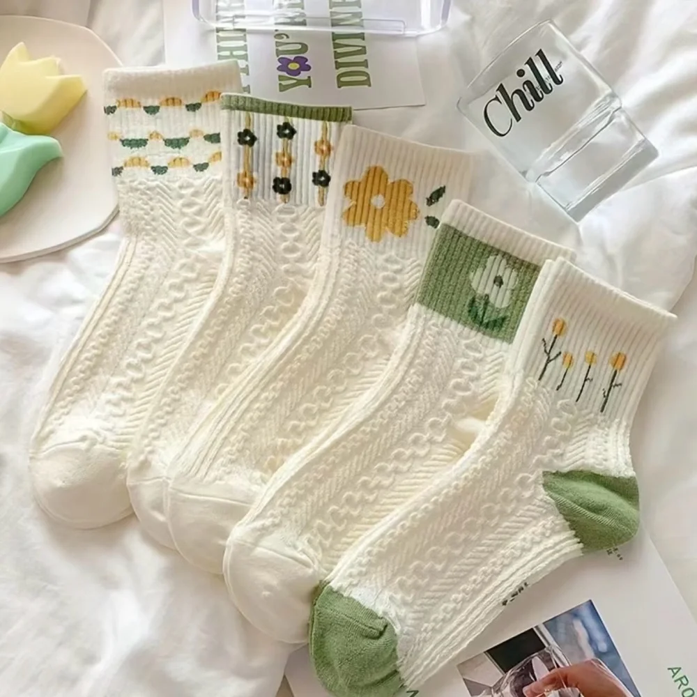 New 5pair Mid Tube socks Embroidered Green Clover floral ribbed cuffs cable knit